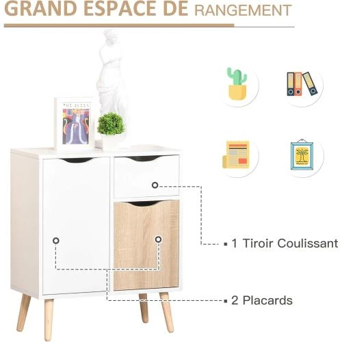 Zoom sur Buffet Meuble Rangement Design Scandinave Bois Blanc Chêne