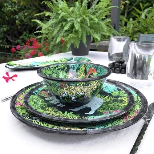 Zoom sur Assiette Dessert Melamine Jungle, Noir Vert, Quasi Incassable