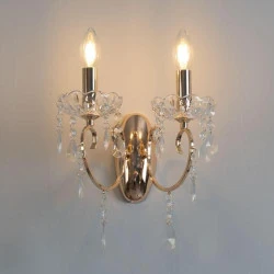 Applique 2 Bras Cristal Baroque Pampilles Dorées, Lumière Blanc Chaud