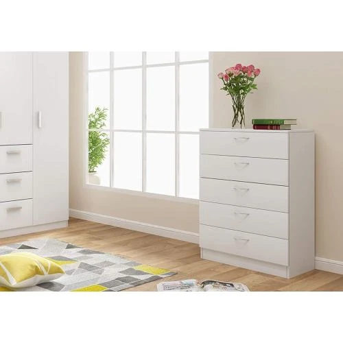 Zoom sur Table de Chevet Panana, Commode Bois, 5 Tiroirs, Blanc
