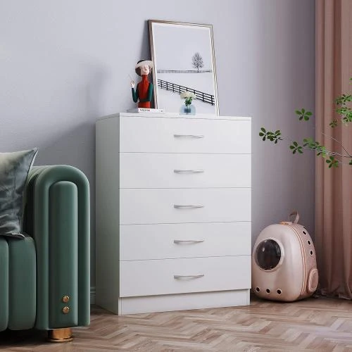 Table de Chevet Panana, Commode Bois, 5 Tiroirs, Blanc - Vue principale