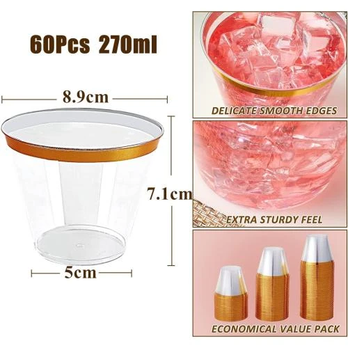 Zoom sur Gobelets Plastique Élegants Dorés, 60 Pièces, 270ml