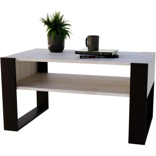 Zoom sur Table basse, design rustique moderne, bois chêne noir mat