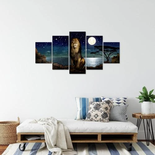 Zoom sur Tableau Lion Art Africain Toile 5 Parties Ciel Nocturne