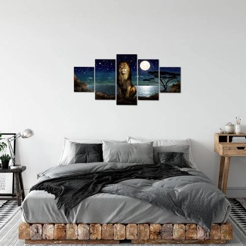 Détail de Tableau Lion Art Africain Toile 5 Parties Ciel Nocturne