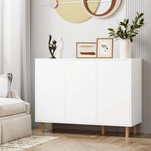 Détail de Buffet Cuisine FirFurd, Blanc, 3 Portes, Étagères Réglables