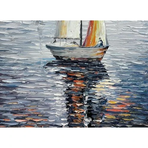 Zoom sur Peinture Moderne Abstraite Voilier Mer, Toile Suspendue