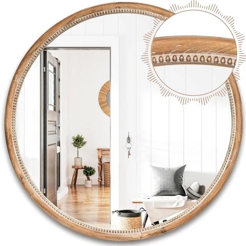 Miroirs décoratifs muraux, miroir rond bois marron naturel - Vue principale