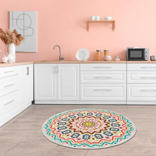 Détail de Tapis Mandala Rond Lavable Vintage Bohème miqna
