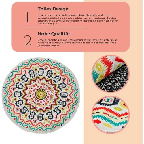 Zoom sur Tapis Mandala Rond Lavable Vintage Bohème miqna