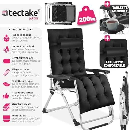 Zoom sur Fauteuil de Jardin Inclinable et Pliable TecTake avec Rembourrage