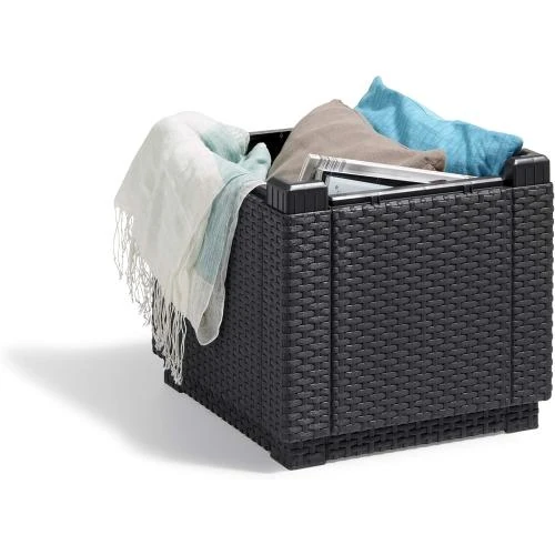 Détail de Keter Tabouret Cube Rangement Marron, Coussin, Couvercle Amovible