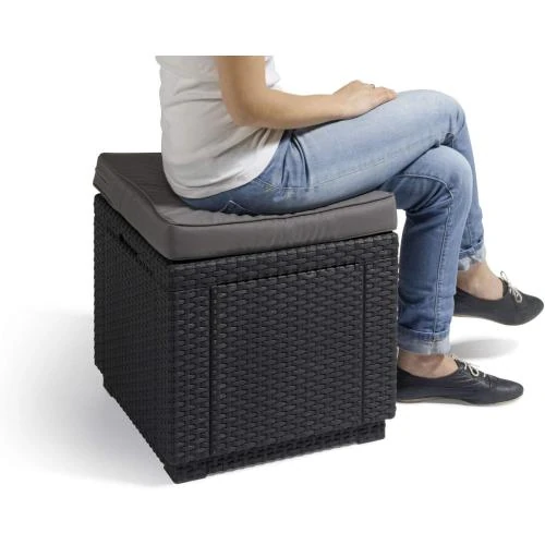 Zoom sur Keter Tabouret Cube Rangement Marron, Coussin, Couvercle Amovible