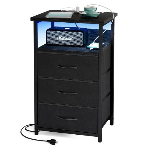 Table de nuit noir, station charge USB, tiroirs rangement - Vue principale