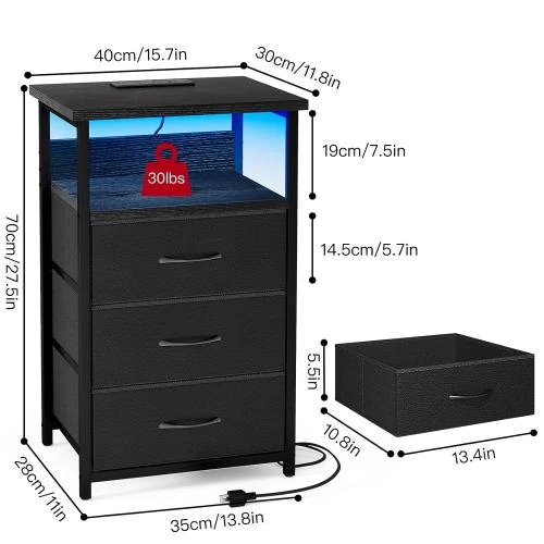 Zoom sur Table de nuit noir, station charge USB, tiroirs rangement