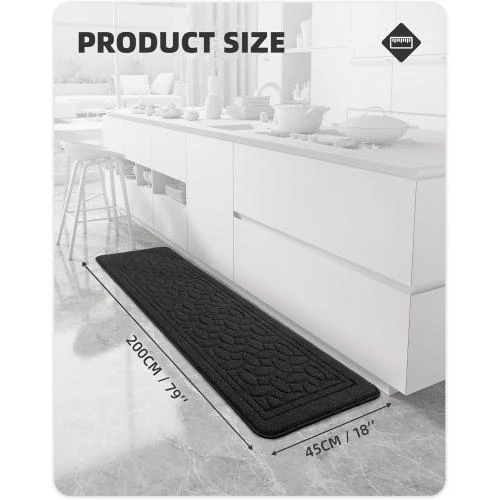 Détail de Tapis de Cuisine Noir Antidérapant Lavable 45 x 200 cm