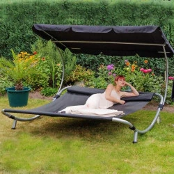 Chaise Longue Jardin Noir, Bain de Soleil, 2 Places, Pare-Soleil
