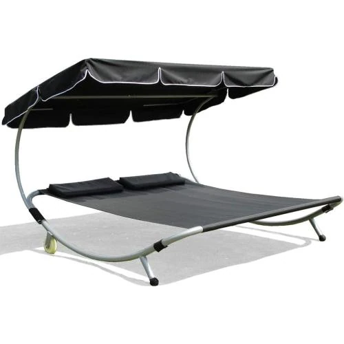 Zoom sur Chaise Longue Jardin Noir, Bain de Soleil, 2 Places, Pare-Soleil