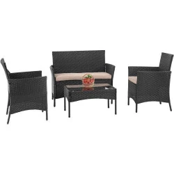Mobilier patio 4 pièces rotin FDW, causeuses noires, table