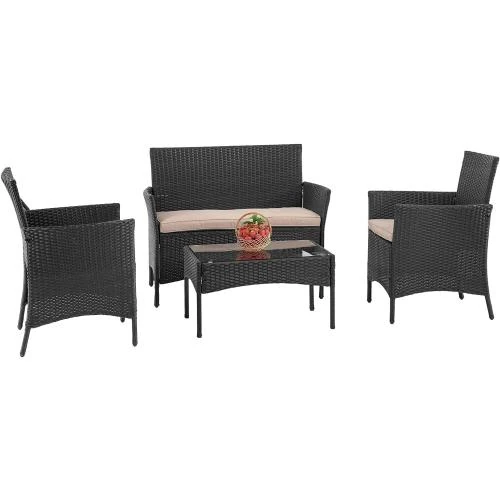 Mobilier patio 4 pièces rotin FDW, causeuses noires, table - Vue principale