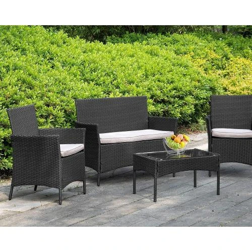 Détail de Mobilier patio 4 pièces rotin FDW, causeuses noires, table