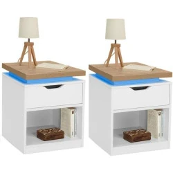 IDMarket Tables de Chevet Luna, LEDs, Blanc, Bois