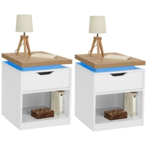 IDMarket Tables de Chevet Luna, LEDs, Blanc, Bois - Vue principale