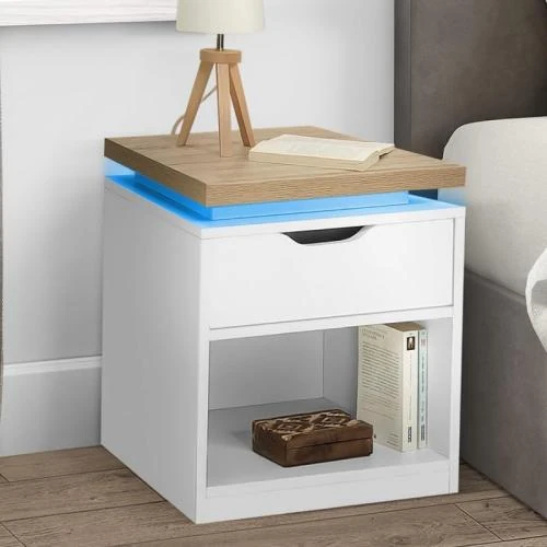 Détail de IDMarket Tables de Chevet Luna, LEDs, Blanc, Bois