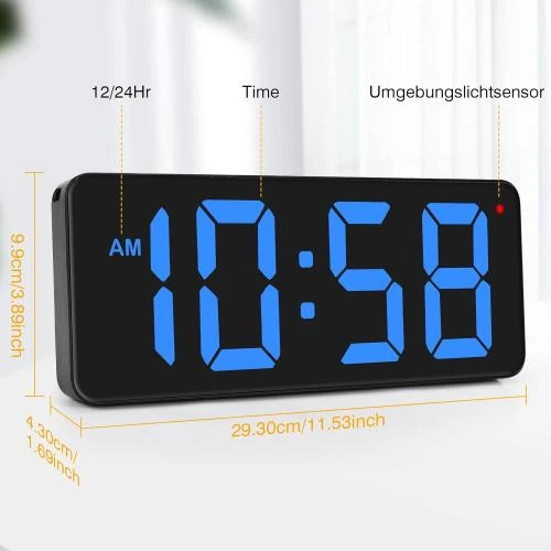 Zoom sur Horloge murale numérique LED, écran bleu, support pliable