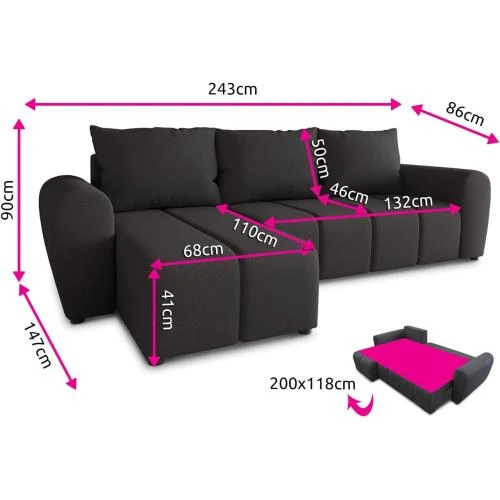 Zoom sur Canapé d'angle convertible noir, coffre, réversible Cleo