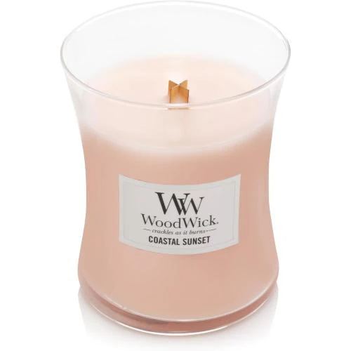 Zoom sur Bougie WoodWick Cire Rose, Parfum Coucher de Soleil