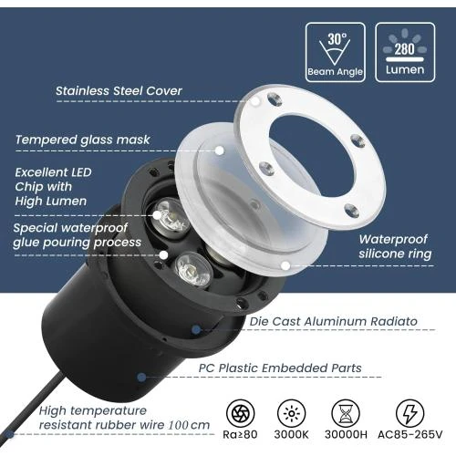 Zoom sur Goodia Spots LED Encastrables Extérieurs 4Pcs, 3000K