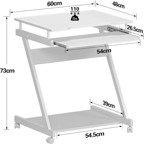 Zoom sur Table Roulante Bureau Ordinateur Blanc, Etagère Rangement