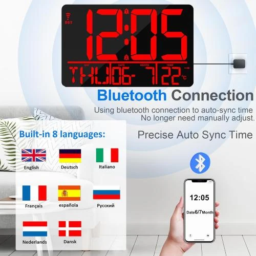 Détail de Horloge Murale Numérique XREXS, Bluetooth, Réveil, Luminosité