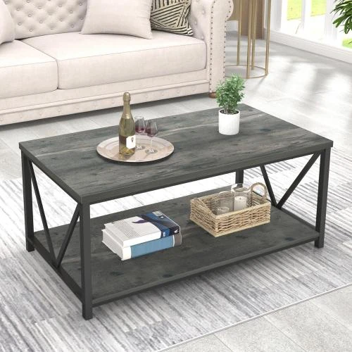 Table basse vintage bois, métal, gris, EXCEFUR - Vue principale
