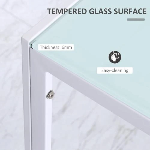 Zoom sur Table moderne rectangulaire, métal, verre trempé, blanc