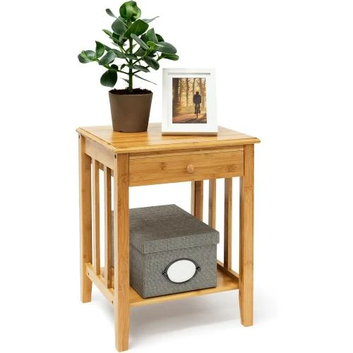 Table d'appoint bambou Relaxdays, tiroir, étagère inférieure - Vue principale