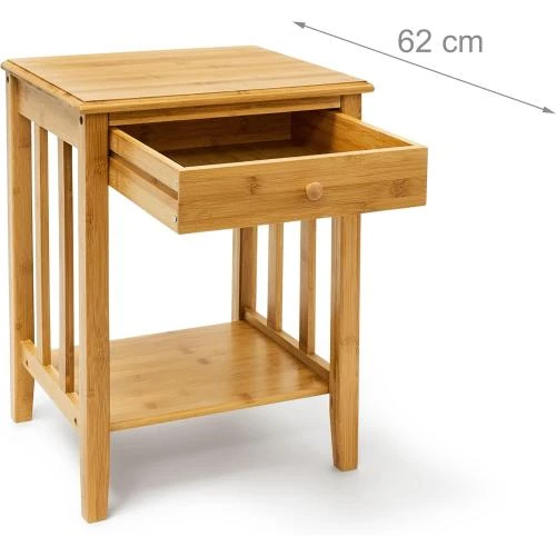 Zoom sur Table d'appoint bambou Relaxdays, tiroir, étagère inférieure