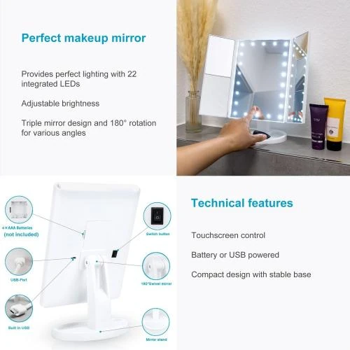 Zoom sur Miroir maquillage éclairage LED, USB, grossissement 1X 2X 3X