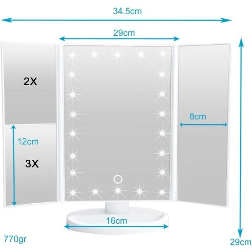 Détail de Miroir maquillage éclairage LED, USB, grossissement 1X 2X 3X