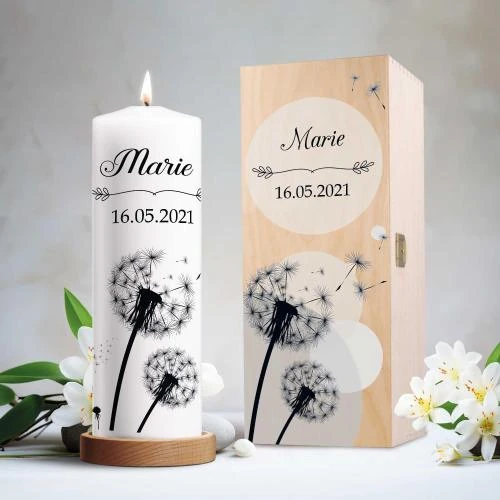 Détail de Bougie de condoléances personnalisée, motif pissenlit, hommage