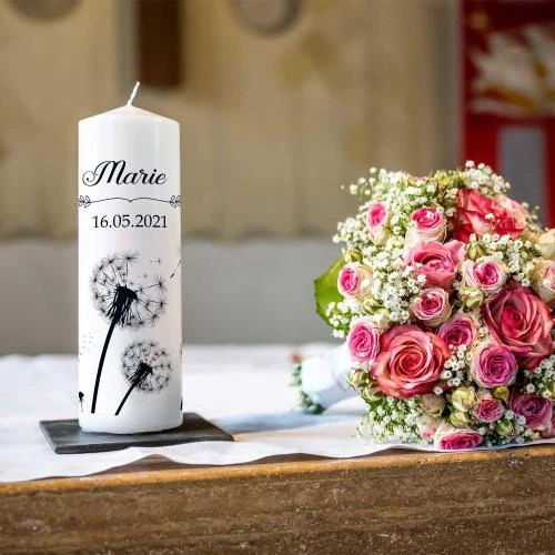 Zoom sur Bougie de condoléances personnalisée, motif pissenlit, hommage