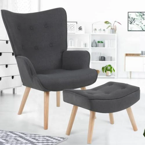 Détail de Fauteuil scandinave Ivar IDMarket, Repose Pieds Gris Anthracite