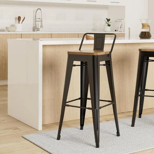 Détail de Tabourets Bar Métal Noir Mat, Dossier Bois Clair, Lot 4