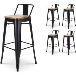 Tabourets Bar Métal Noir Mat, Dossier Bois Clair, Lot 4