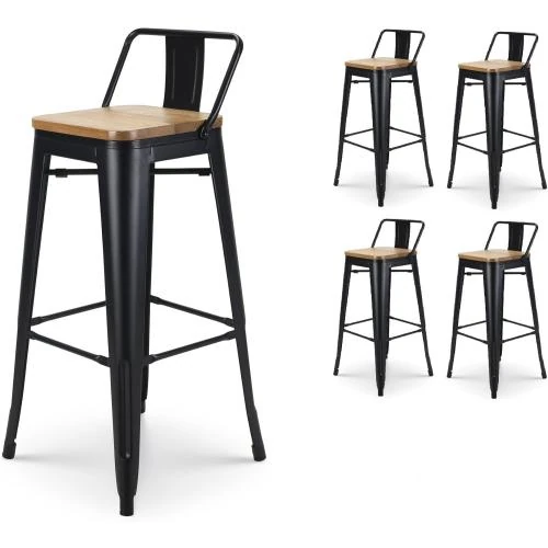 Tabourets Bar Métal Noir Mat, Dossier Bois Clair, Lot 4 - Vue principale