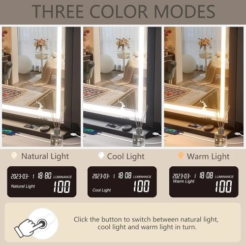 Détail de Miroir maquillage LED lumineux, contrôle tactile, noir