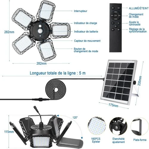Zoom sur Geyueya Home Lampe Solaire LED 160, Détecteur Mouvement, IP65