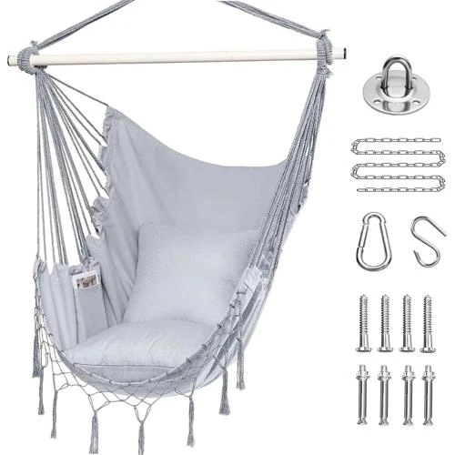 Chaise Hamac Suspendue Klhamky, Coussins, Gris Clair - Vue principale
