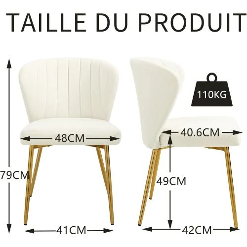 Zoom sur Chaises Salle à Manger Modernes Velours, Pieds Métal Doré, Blanc